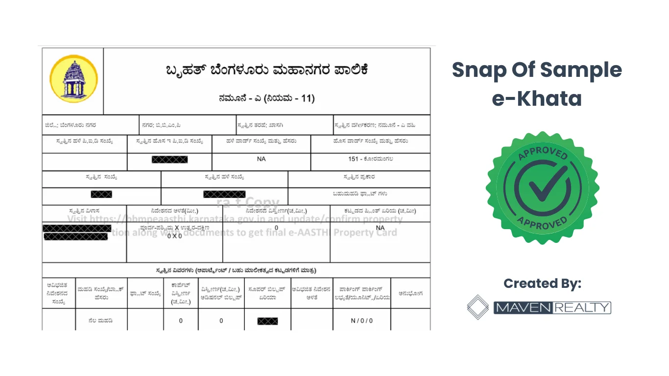 Bangalore e-Khata sample document showing owner and assessment fields to verify against the sale deed